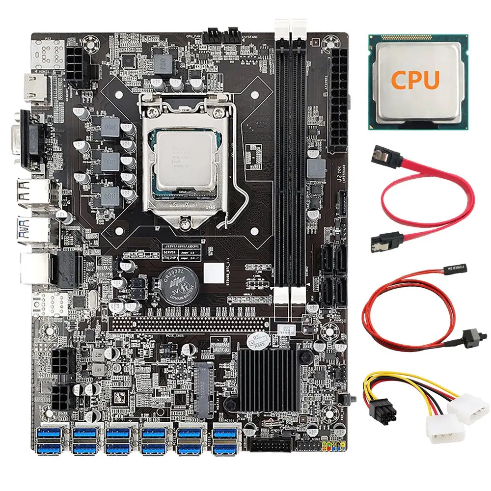 

Материнская плата 12 GPU B75 для майнинга + ЦП + кабель питания + кабель переключателя + кабель SATA 12X USB3.0(PCIE) LGA1155 DDR3 SATA3.0 для BTC/ETH