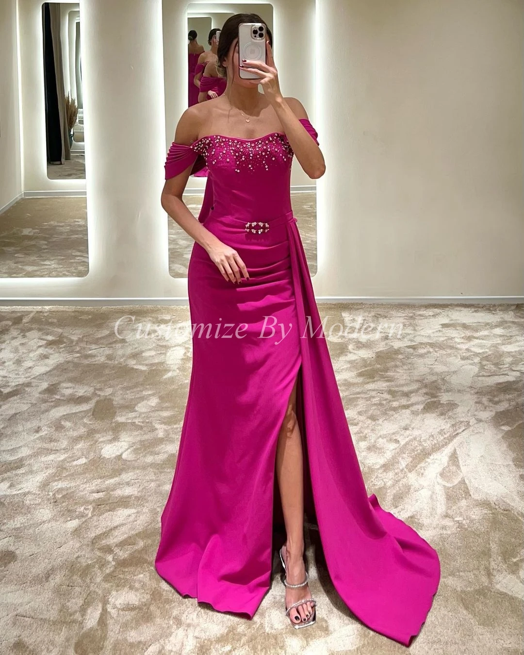 

Женское атласное вечернее платье Fuschia, Элегантное Длинное платье с открытыми плечами и бисером, для выпускного вечера, торжественное и праздничное платье