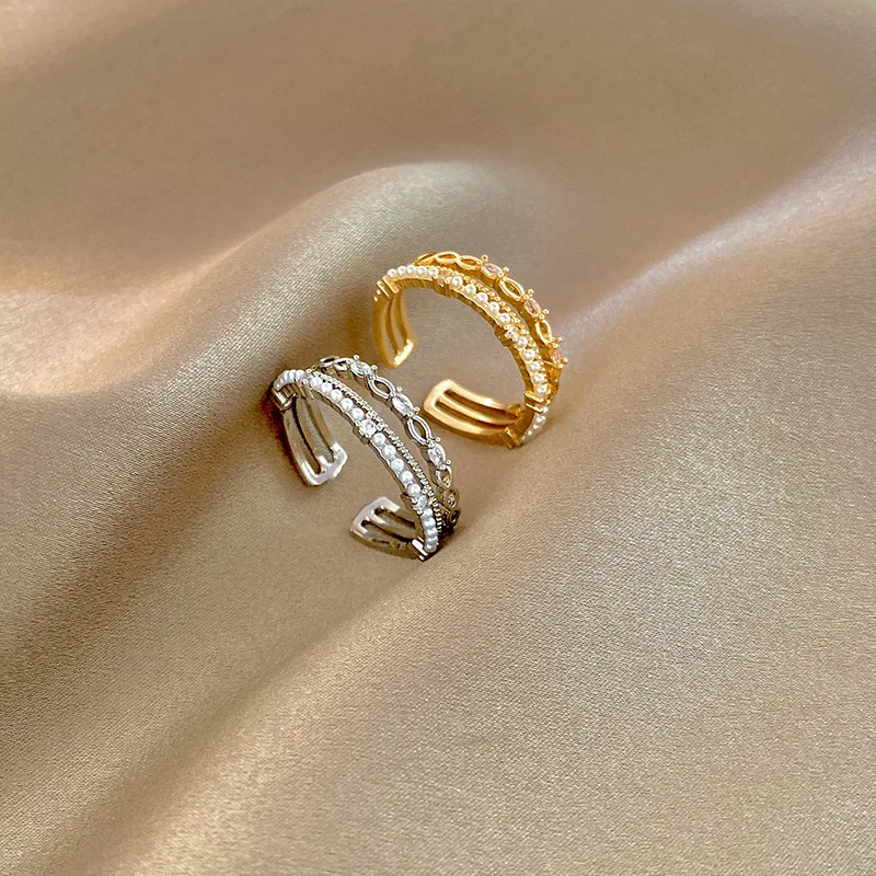 

Personality Double Layer Ring Women's Trend Pearl Zircon Index Finger Ring Sen Light Luxury Temperament Open Ring Jewelry