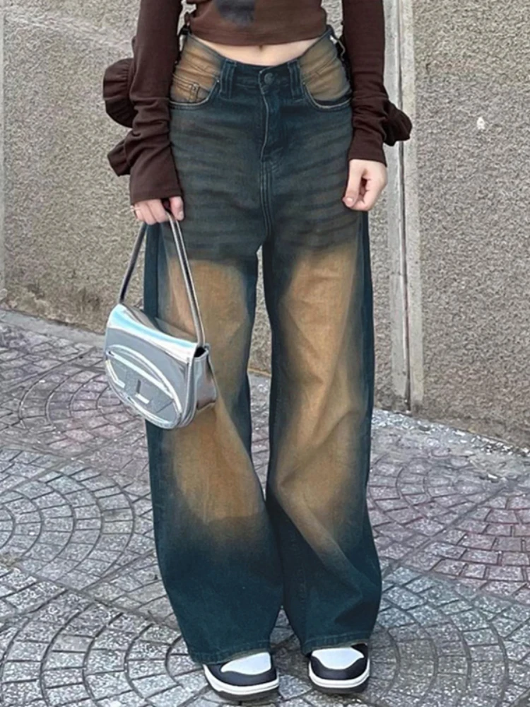 WeiYao Washed Vintage Blue Casual Low Waist Straight Leg Jeans Women Y2K Streetwear Korean Fashion Casual Denim Cargo Pants