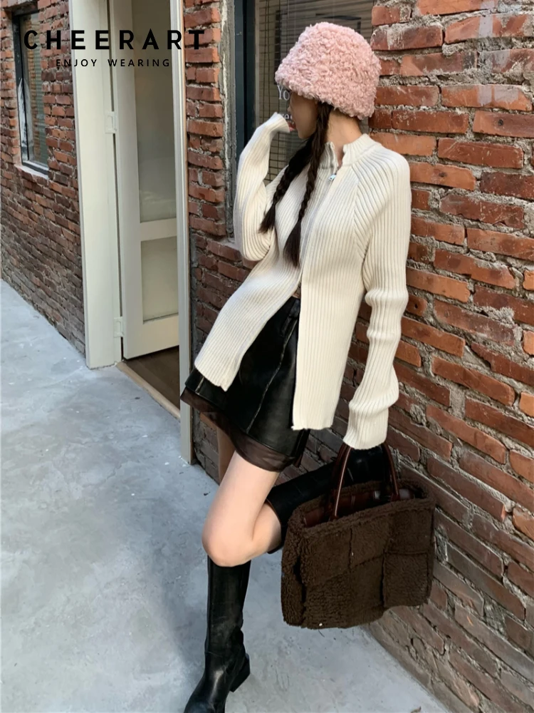 

CHEERART Designer Zip Up Sweater Cardigan Women Turtleneck White Grey Ribbed Long Sleeve Knitwear Winter Knitted Sweater