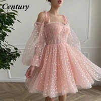 century blush pink mini prom dresses off the shoulder puff sleeves hearty tulle short prom gowns above knee formal party dresses