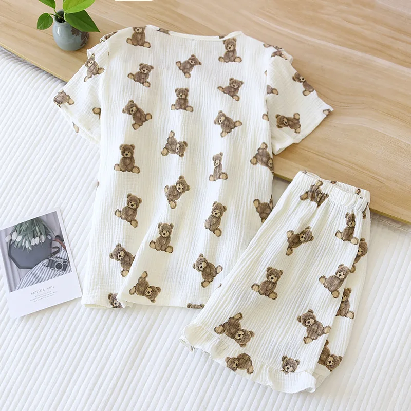 Lace Cotton Crepe Pajamas Set Woman Summer Nightwear Short Sleeve Shorts Cartoon Bear Square Collar Thin Korean Home Clothes Pjs