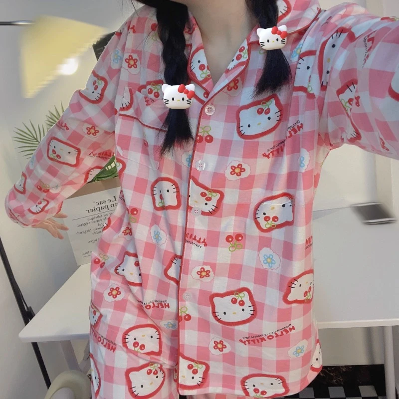 

Sanrio Cherry Hello Kitty Cotton Pajamas Girly Sweet Pink Plaid Pajamas Spring Autumn Cartoon Casual Home Wear Long Sleeve Suit