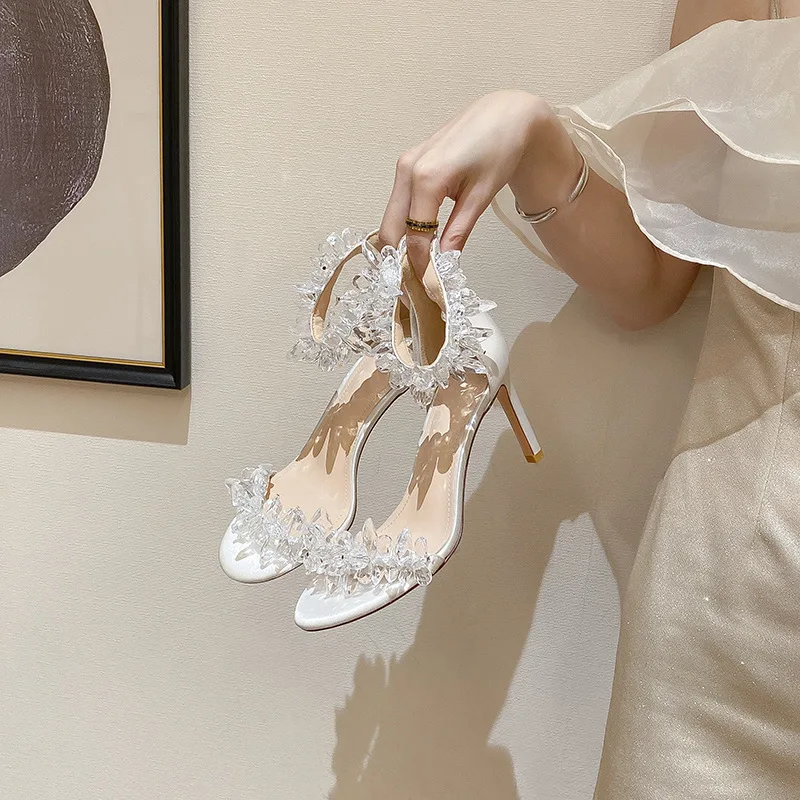 2023 New Summer One Word with Rhinestone Stiletto Sandals Women's White Crystal Shoes Feminine Fairy Style