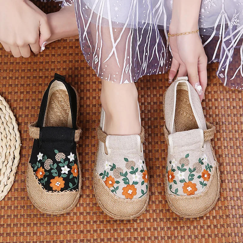 

Women Linen Canvas Shoes Retro Flat Comfortable Loafers Ladies Casual Embroidered Hemp Sole Sneakers