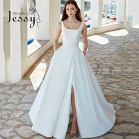 elegant wedding dress matte satin a line floor length ball gown square collar sleeveless %e2%80%8bslit a line backless vestido de novia