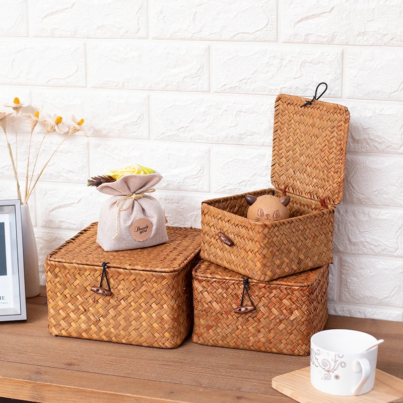 

Настольный ящик для хранения CAMIGEL, плетеная Подарочная коробка из ротанга, пылезащитная корзина для мусора, шкатулка для ювелирных изделий с крышкой