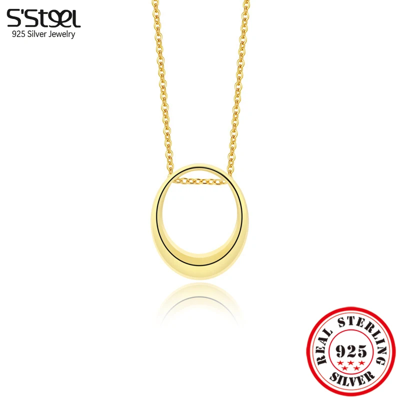 

S'STEEL Solid 925 Silver Hollow Oval Pendant Necklaces For Women Gold Chain Punk Trending Products 2023 Accessories Fine Jewelry