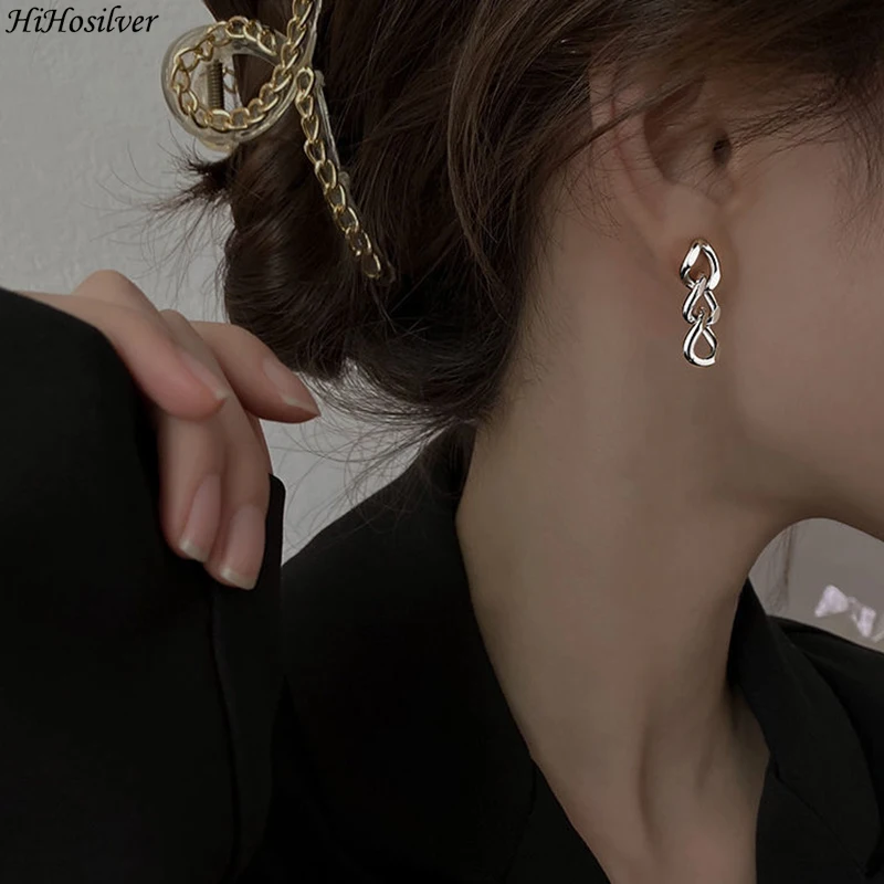 

HiHosilver 925 Silver Needle New Woman's Fashion High-quality Jewelry Big O Chain 3 Links Drop Earrings HS0222