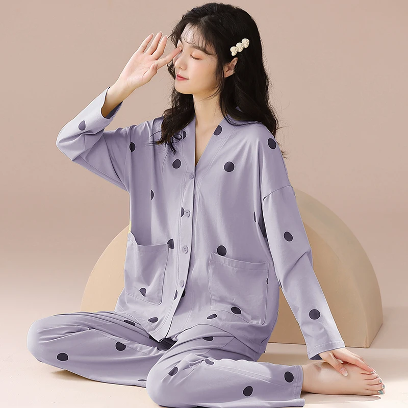 CAIYIER 2023 Avocado Dot Soft Nightwear V-Neck Cotton Pajamas Set For Women Kawaii Sleepwear Girls Winter Lounge Wear 3XL2023