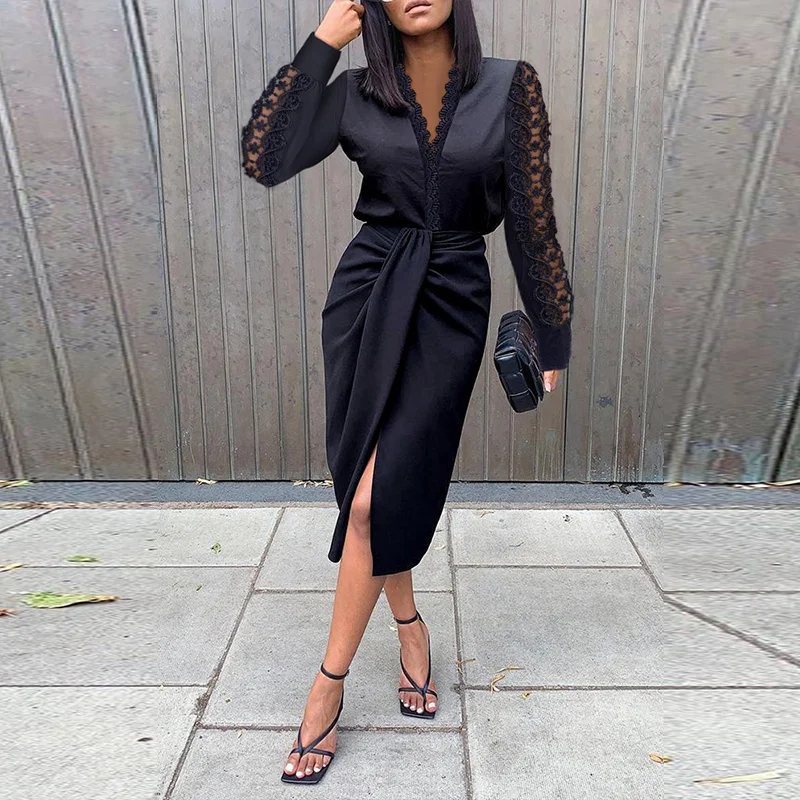 

Elegant Patchwork Print Commute Lady Long Dress Sexy Hollow Out Lace Party Dress Fashion Women O Neck Office Slit Dress Vestidos