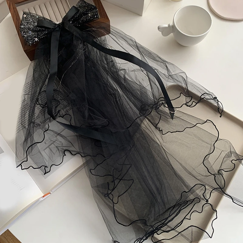 

Adult and Kids Girl Celebrity with Double Bowknot Colored Lantern Gauze Photoshoot Female Hairpin Luminous Veil Black