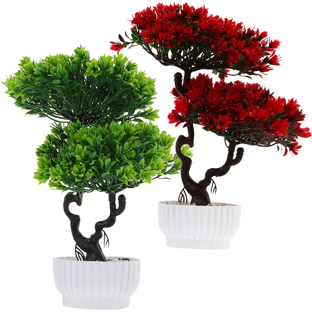 

2pcs Simulation Bonsai Ornament Plastic Flower Potted Guest-greeting Pine Bonsai Fake Bonsai Ornament Home Decor