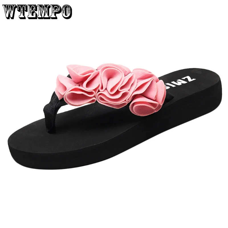 WTEMPO Flower Flip Flops Women Clip Toe Summer Non-Slip Beach Fashion Wedges Ladies Shoes Comfy Outdoor Slippers Wholesale