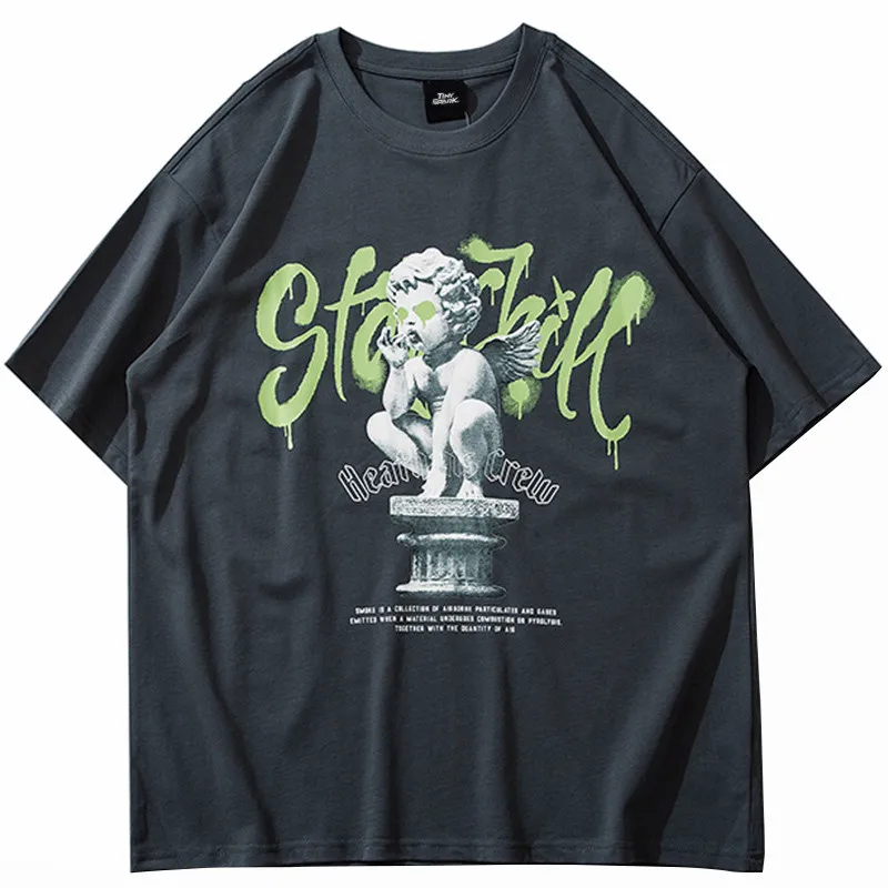 

2021 Street Oversized T-shirt Graffiti Letter Angel Boy Print T-shirt Harajuku Loose Short Sleeve Top T-shirt Men