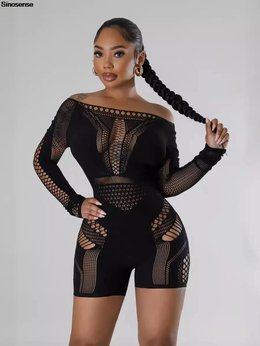 Женский облегающий комбинезон с открытыми плечами и длинными рукавами