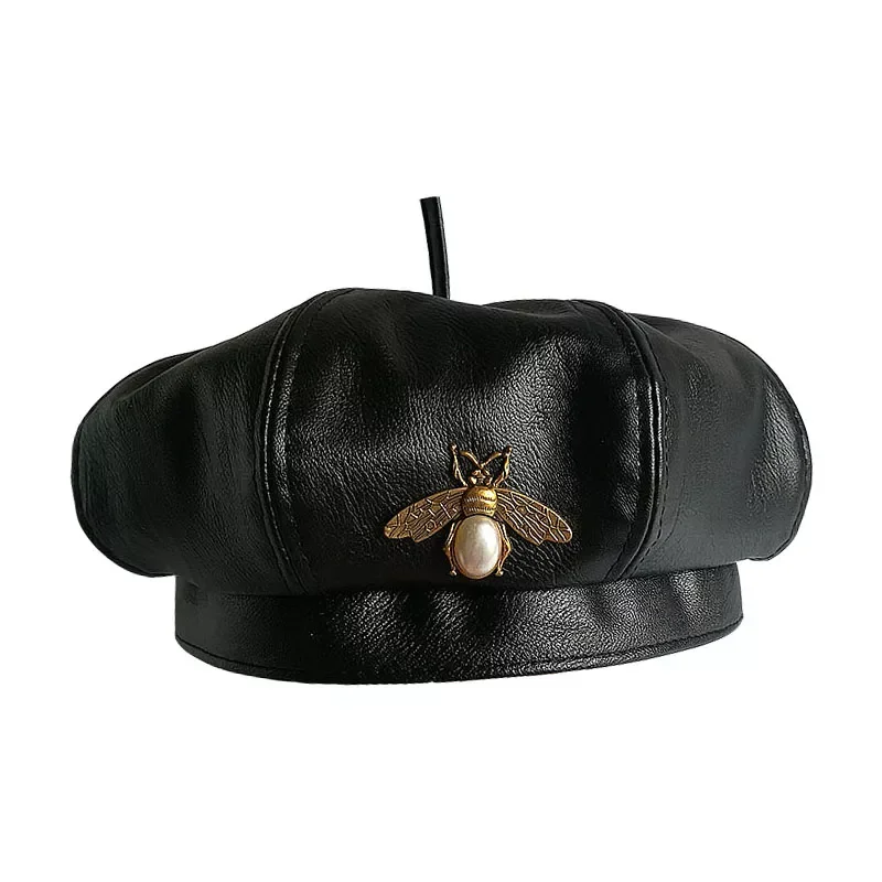 

New in Brand Bee Brand Fashion Black Pu Leather Beret Hat Women Cap Female Ladies Beanie Beret Girls for Spring and Autumn y2k h