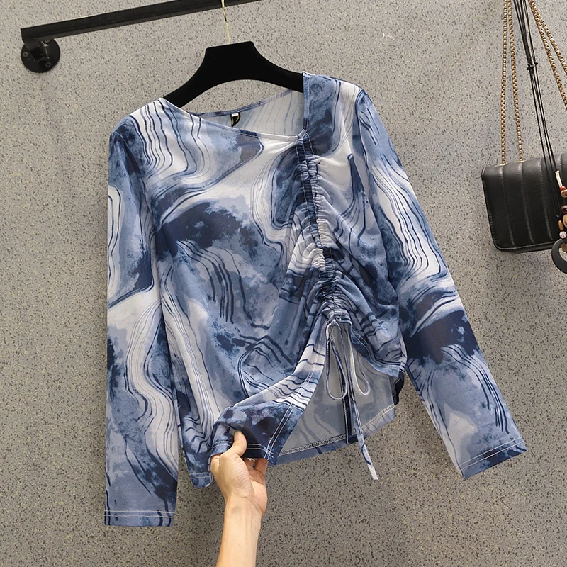 

COIGARSAM Blouse Women Spring Winter 2022 New Office Lady Print Loose Long Sleeve Blue-black Blusas Womens Tops And Blouses
