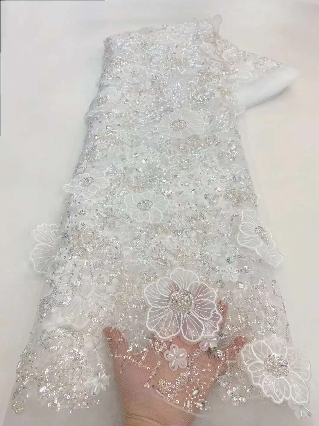 5 ярдов роскошная кружевная ткань ручной работы с бусинами тяжелая 3D вышивка