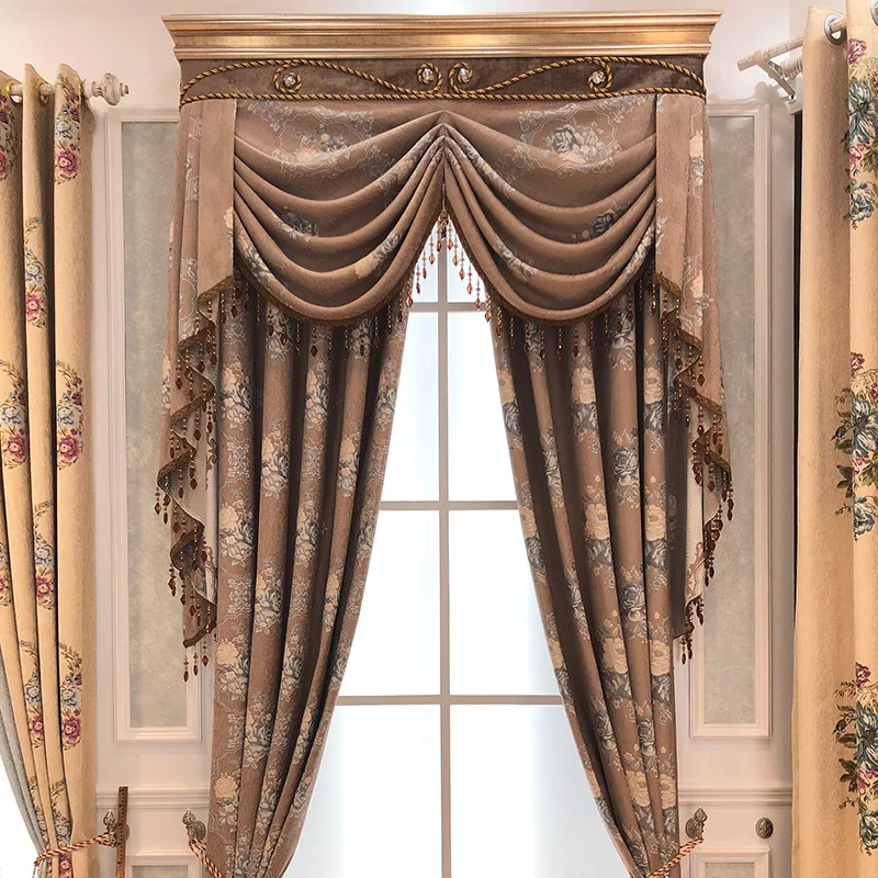 

Peony Embroidered Printed Chenille Blackout Curtains for Bedroom Living Room Luxury European Classical Curtain Valance Custom