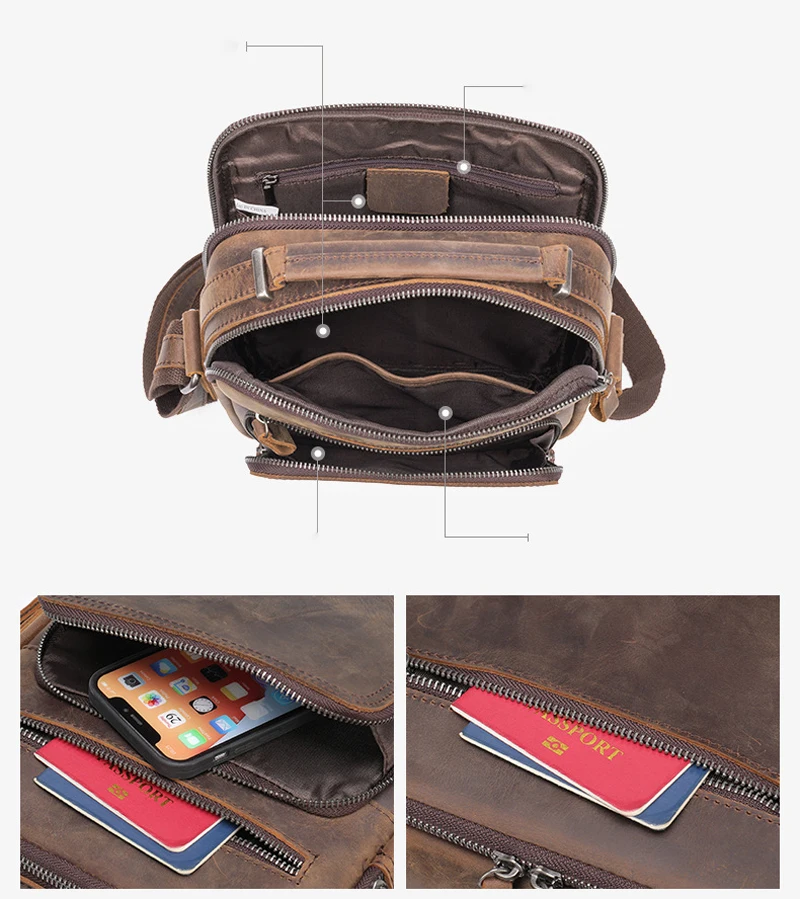 Crazy Horse Genuine Leather Men's Shoulder Bag Vintage Messenger Handbags Bolsos Male Crossbody Bags Man's Handbag Sling Bag