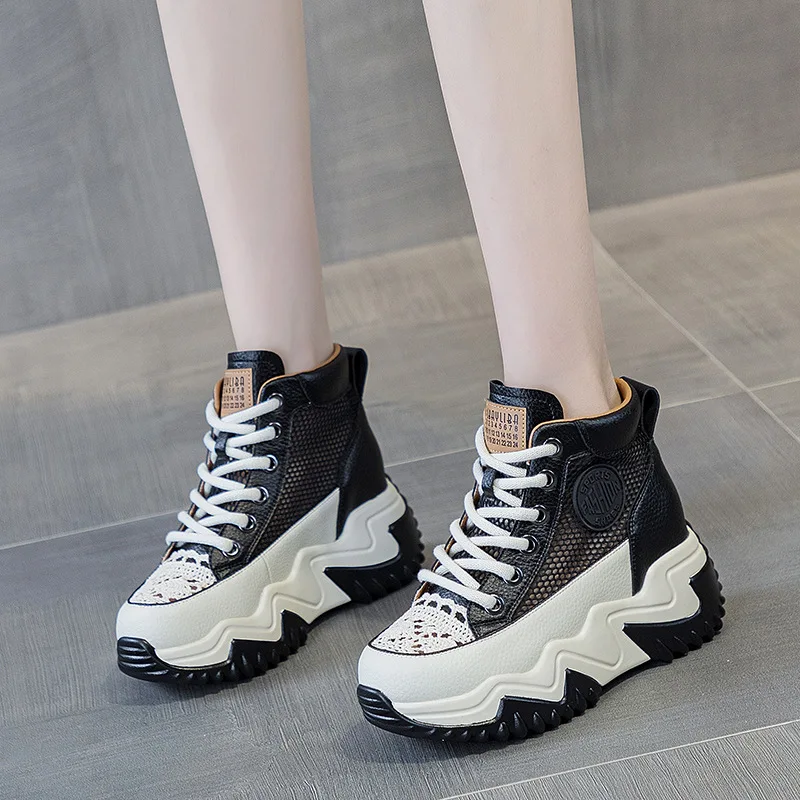 7CM Air Mesh Genuine Leather Comfy High Brand Breathable Shoes Chunky Sneaker Spring Summer Platform Women Wedge Women Shoes
