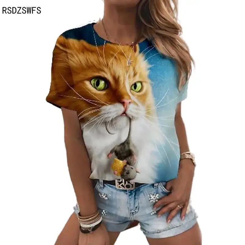 

2022 Summer Short Sleeve T-shirt Women Plus Size Top 3D Cat Animal Casual Street T-shirt Women Clothes