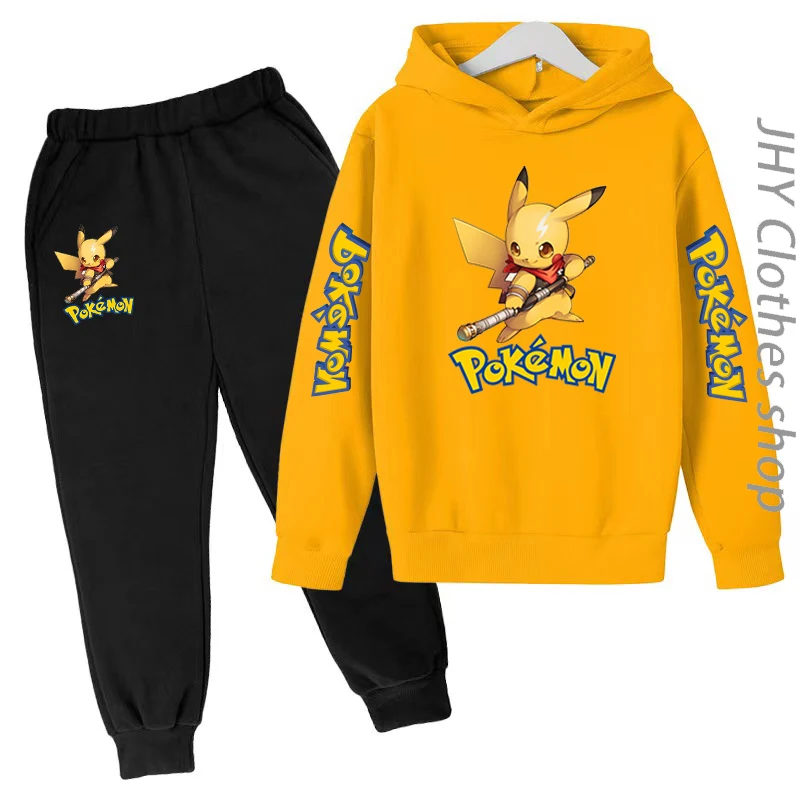 

Pikachu Hoodie Top/Pants 2P Children's Clothes Pokemon Pullover Boys and Girls Charming Sportswear Casual Coat 3-14 Year Old Set