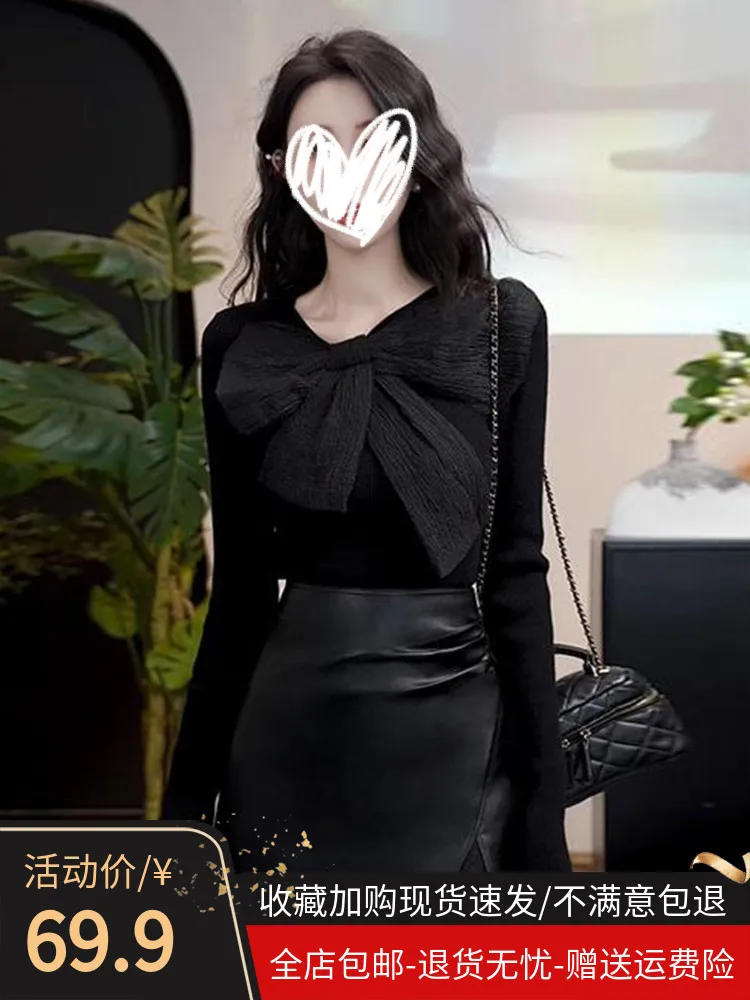 Sexy Pure Desire Bow round Neck Long sleeve Knitted Top Women Autumn New Slim fit Slimming High-Grade Bottoming Shirt