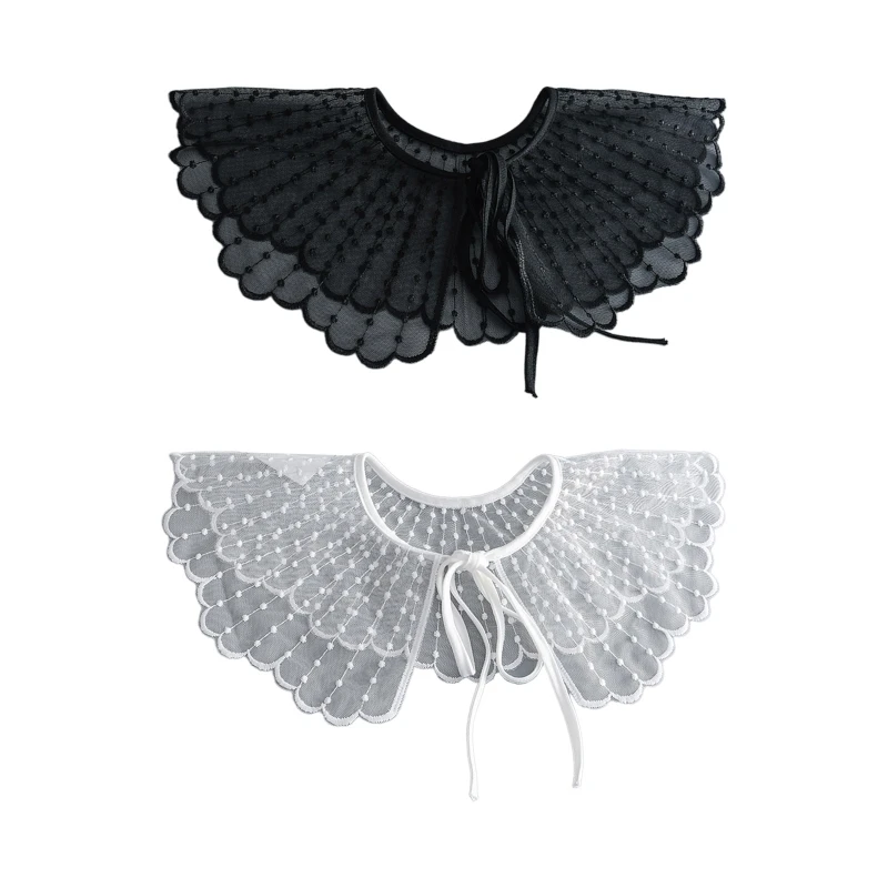 

Women Embroidery Dots Feather Shape Shawl Detachable Collar See-Through Shrug Cover Up Thin Lace-Up Scalloped Scarf Capelet for