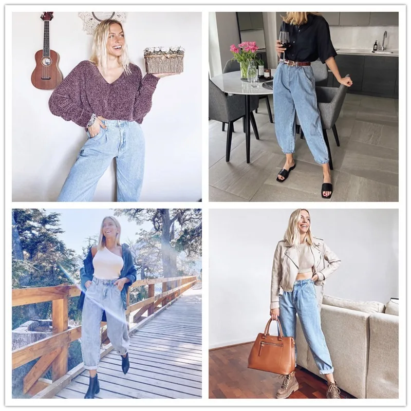 Spring and Autumn Women 2021 Fashion Cotton Jeans Blue Retro Harlan Washed New High Waist Office Ladies Casual Jeans Women