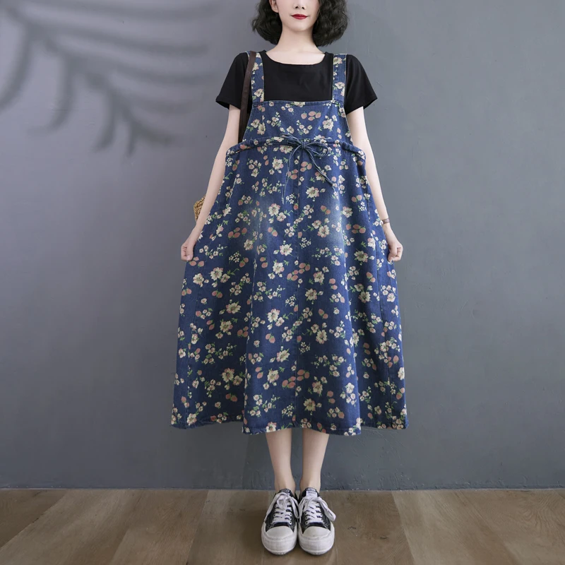 

Новое поступление 2023, милое шикарное джинсовое платье без рукавов с цветочным принтом для девушек, уличное модное женское Повседневное платье в стиле пэчворк