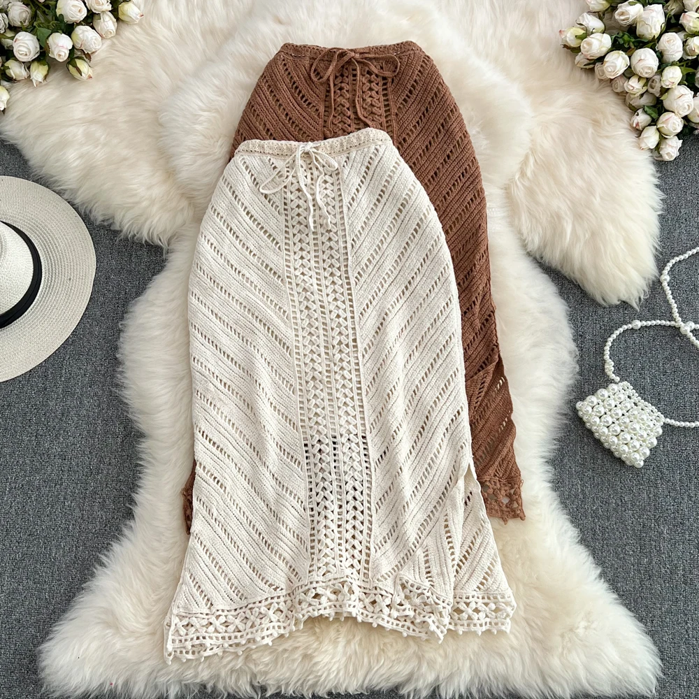 

Chic Bohemia Retro Hollow Crochet Skirt High Waist Elegant lace-up Midi Vacation Skirts Casual Sexy women Spring Summer clothing