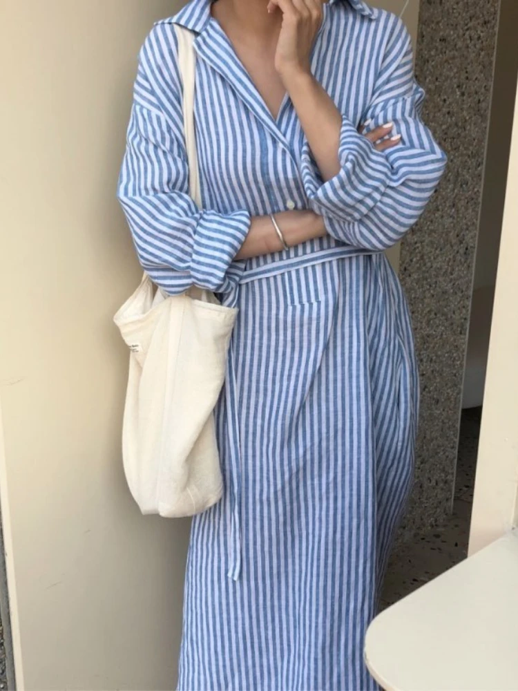

Dress Women New Summer Dress Woman 2023 Trendy Loose Stripe Turn-down Collar Long Sleeved Shirt Skirt Top Clothes for Women