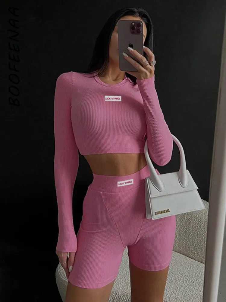 

BOOFEENAA Long Sleeve Ribbed Knit 2 Pieces Sets Crop Top Shorts Spring Outfits Women 2023 Sexy Sport Tracksuit C66-CI25