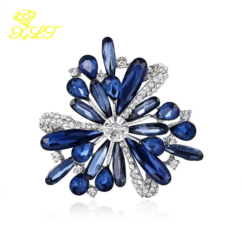 

European&American Blue Rhinestone Retro Women's Flower Brooch Simple Color Gem Corsage Temperament Clothing Accessories