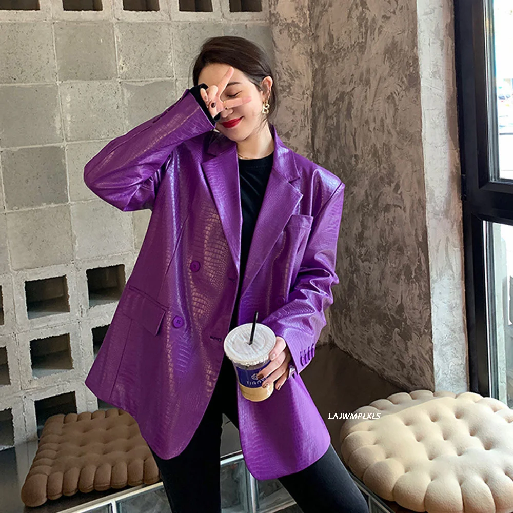 Purple Shiny Autumn d Crocodile Pattern Faux Leather Blazer Women Long Sleeve Double Breasted Y2K Jacket Fashion