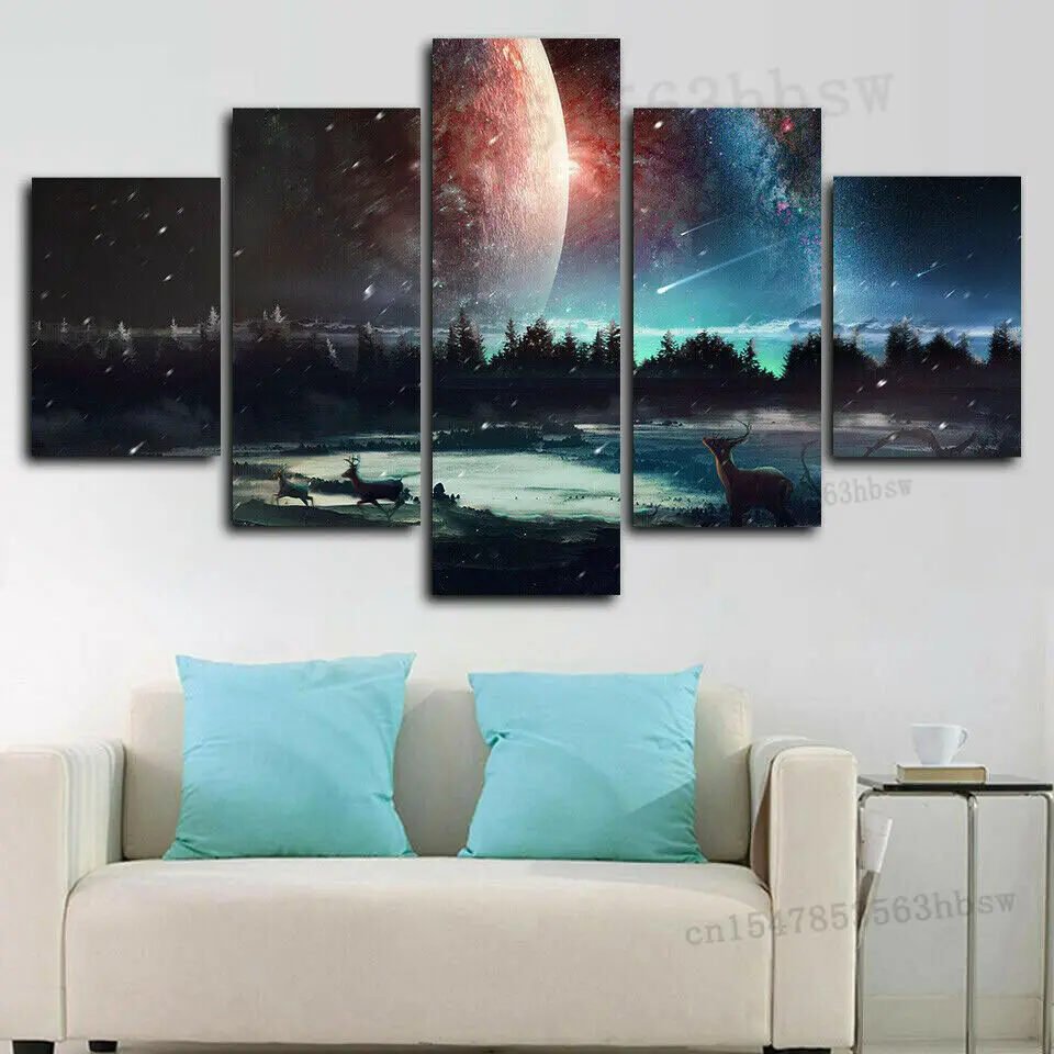 Galaxy Stars Universe Space Deer 5 Panel Canvas Print Wall Art Poster Home Decor Pictures Piece Room No Framed Paintings - купить по