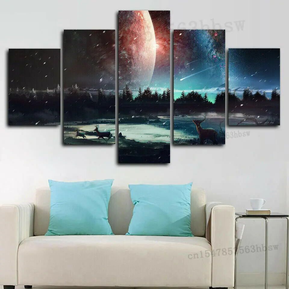 5 панельных холщовых картин Galaxy Stars Universe Space Deer настенный плакат картины для
