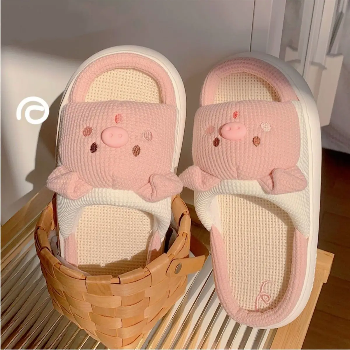 Yasuk All Season Women's Casual Simple Indoor And Outside Home Slippers Non-Slip Cute Pink Pig Versatile Cotton Linen Sweet Girl