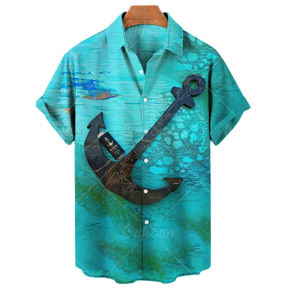 Retro Men's Short Sleeve Casual Shirts Fast Drying Plus Size M-5XL Summer Fashion Anchor Printed Beach Shirts Camicias For Men