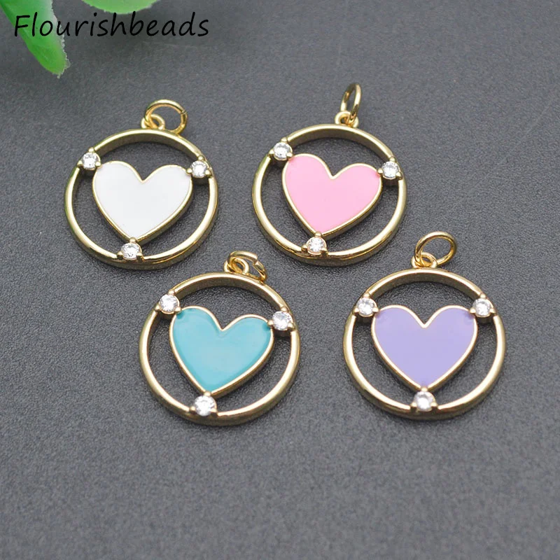 

High Quality 20pcs/lot 18x21mm Gold Plated CZ Pave Beads Enamel Round Heart Necklace Charms Perndants for Women Jewelry Making