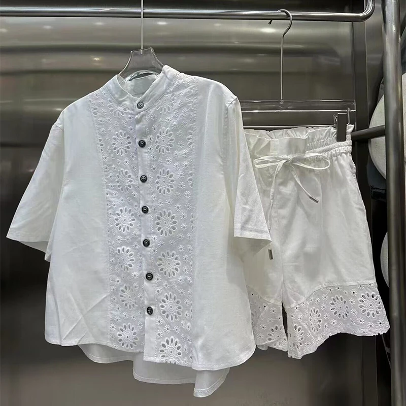 

2023 New Summer Shirts + Shorts Sets For Women Two Pieces Sets Hollow Out Buttons Tops Vintage Suits Loose