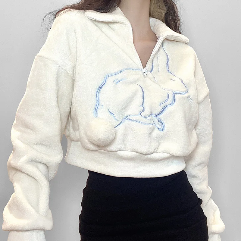 

2021 New Woman Apricot Hoodie Fall and Winter New Women's Loose Rabbit Embroidery Pullovers Half Zipper Long Sleeve Sweatshirt
