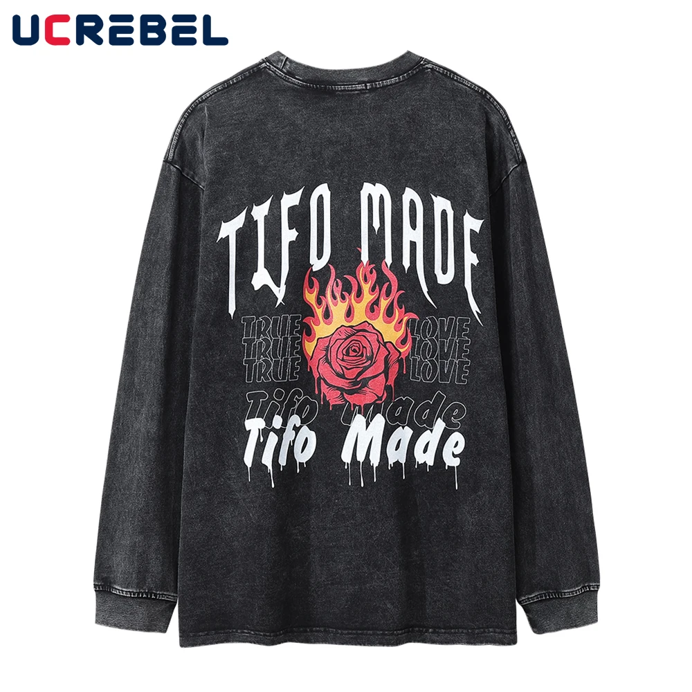 

Flame Print Cotton Tee Mens High Street Rose Loose Long Sleeve T-shirt Autumn Casual Round Neck Drop Shoulder Top Men