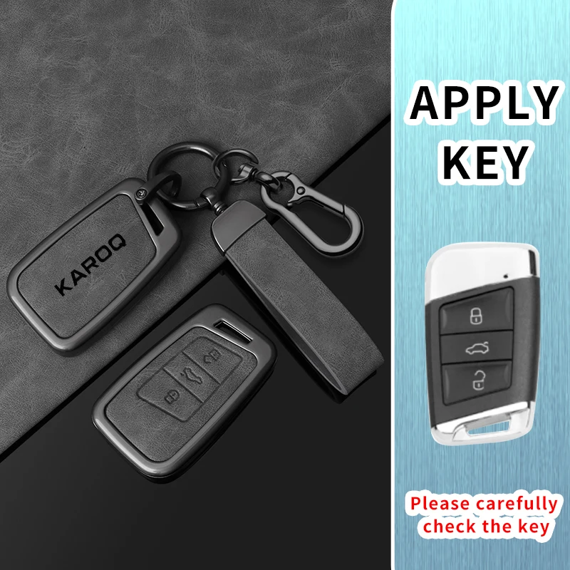 

Кожаный чехол для автомобильного ключа из сплава, держатель для Skoda Karoq, индивидуальный логотип, защитная крышка для ключей, металлический корпус, брелок, аксессуары