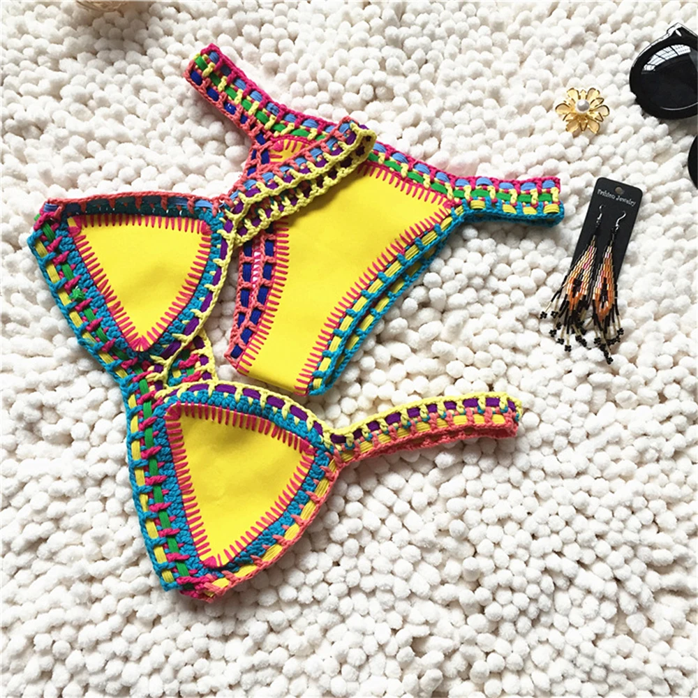 

Sexy Bikini Women's Handmade Crochet Knit Swimwear Halter Patchwork Bathing Suit Beach Wear Surf Brazilian Biquini traje de bano