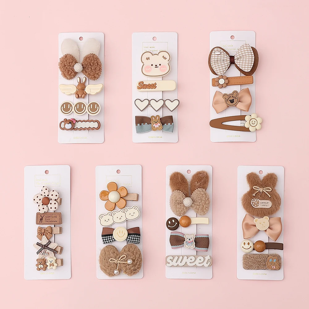 

4Pcs/Set Cartoon Baby Girl Hair Clips Cute Bear Children Hairpin Bowknot Knitted Flower Kids Barretees Baby Hair Accessories