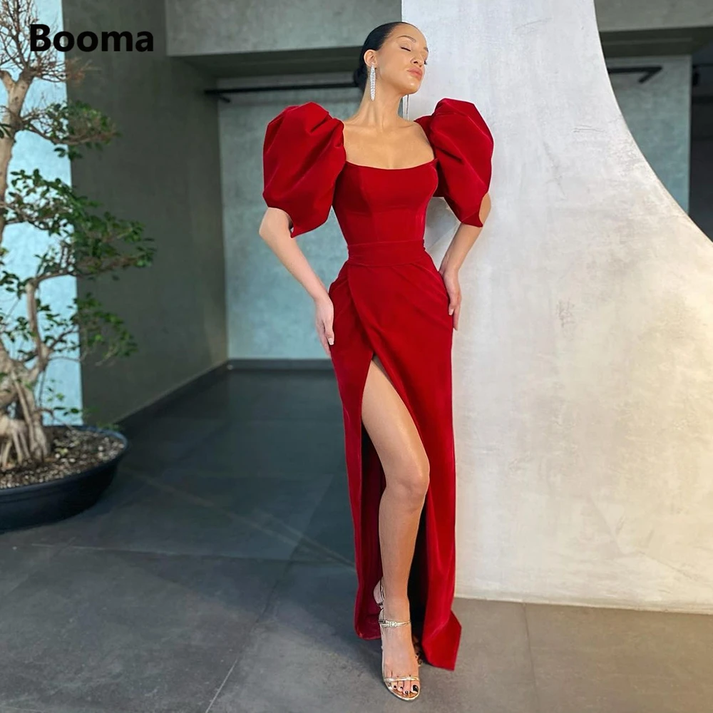 

Booma Wine Red Scoop Sheath Satin Evening Dresses Short Puff Sleeves High Slit Ruched Fitted Formal Party Dresses Evening Gowns